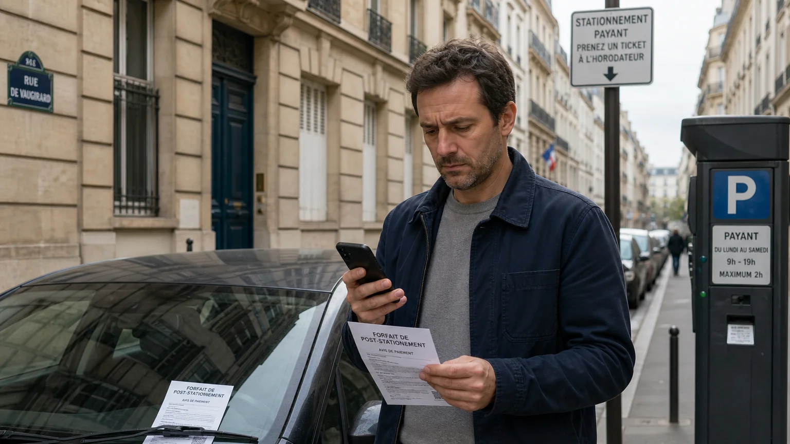 Automobiliste consultant un avis de forfait post-stationnement dans une rue française