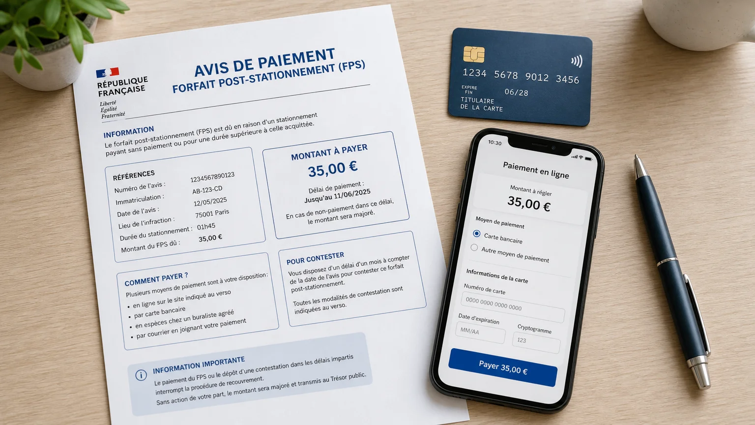 Documents et carte bancaire pour régler un forfait post-stationnement