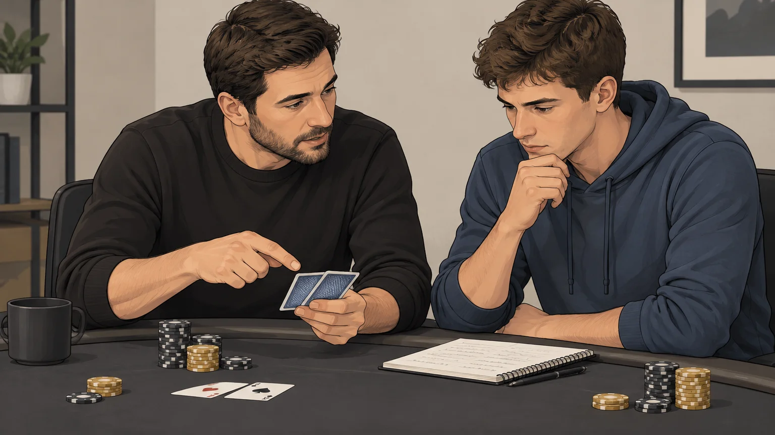 Un coach et un joueur examinent ensemble une main de poker autour d’une table.