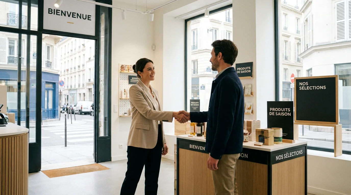 Vendeur en mission d'intérim accueillant un client dans un magasin en France