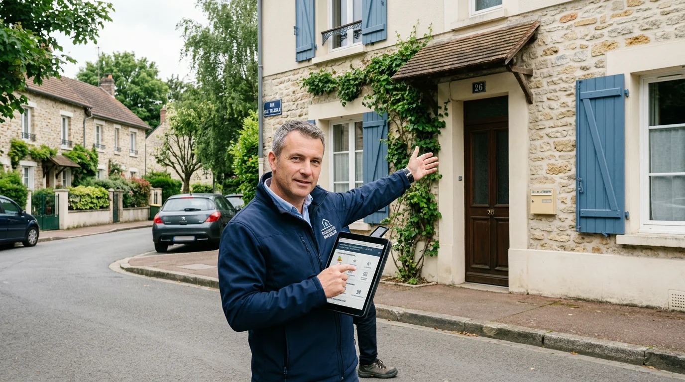 Diagnostiqueur immobilier inspectant une maison en zone résidentielle