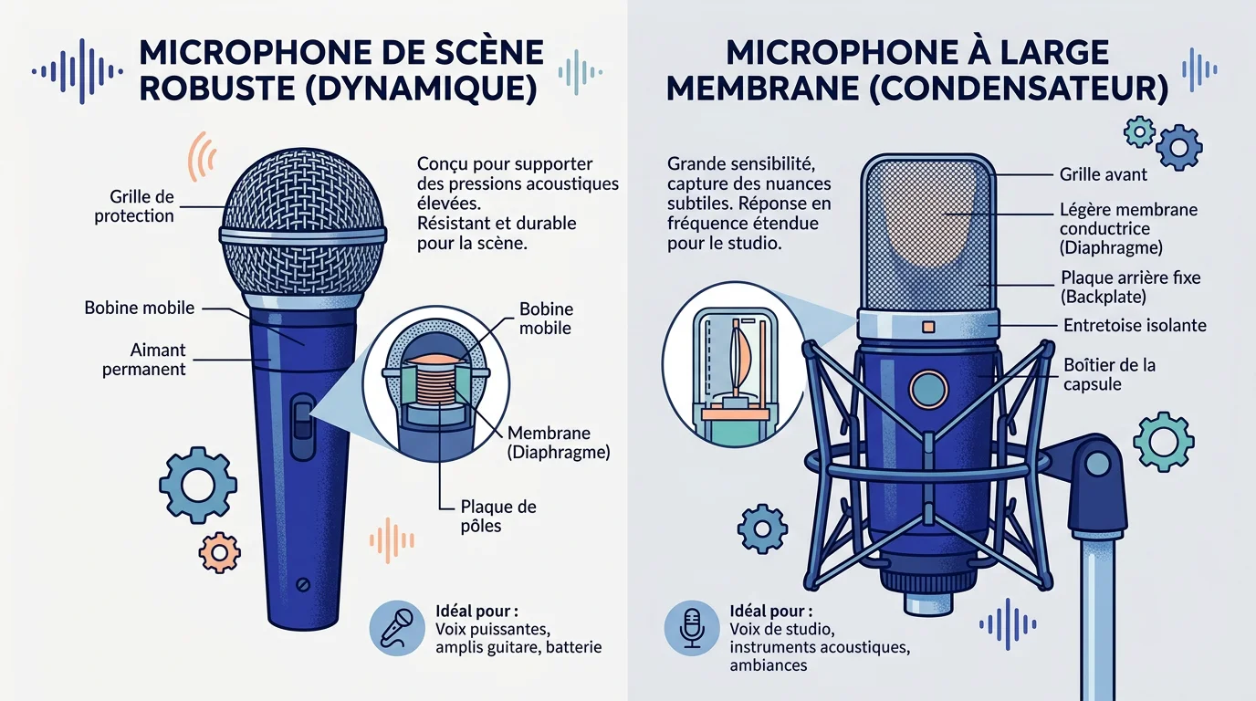 Schéma comparatif d'un micro dynamique et d'un micro statique