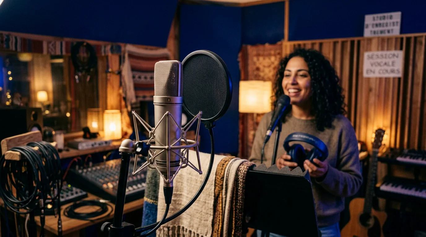 Session d'enregistrement de voix avec un micro statique en studio