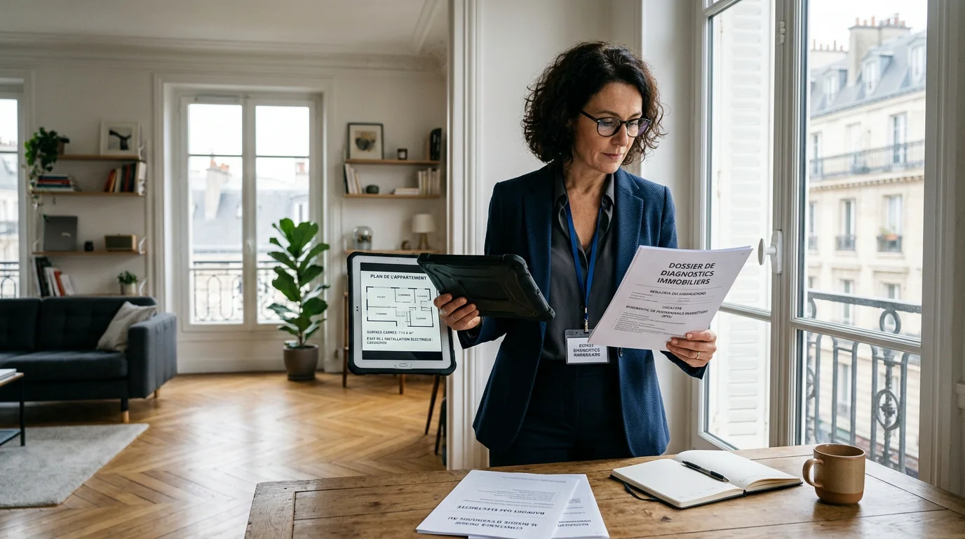 Diagnostiqueur immobilier vérifiant la validité des documents dans un logement