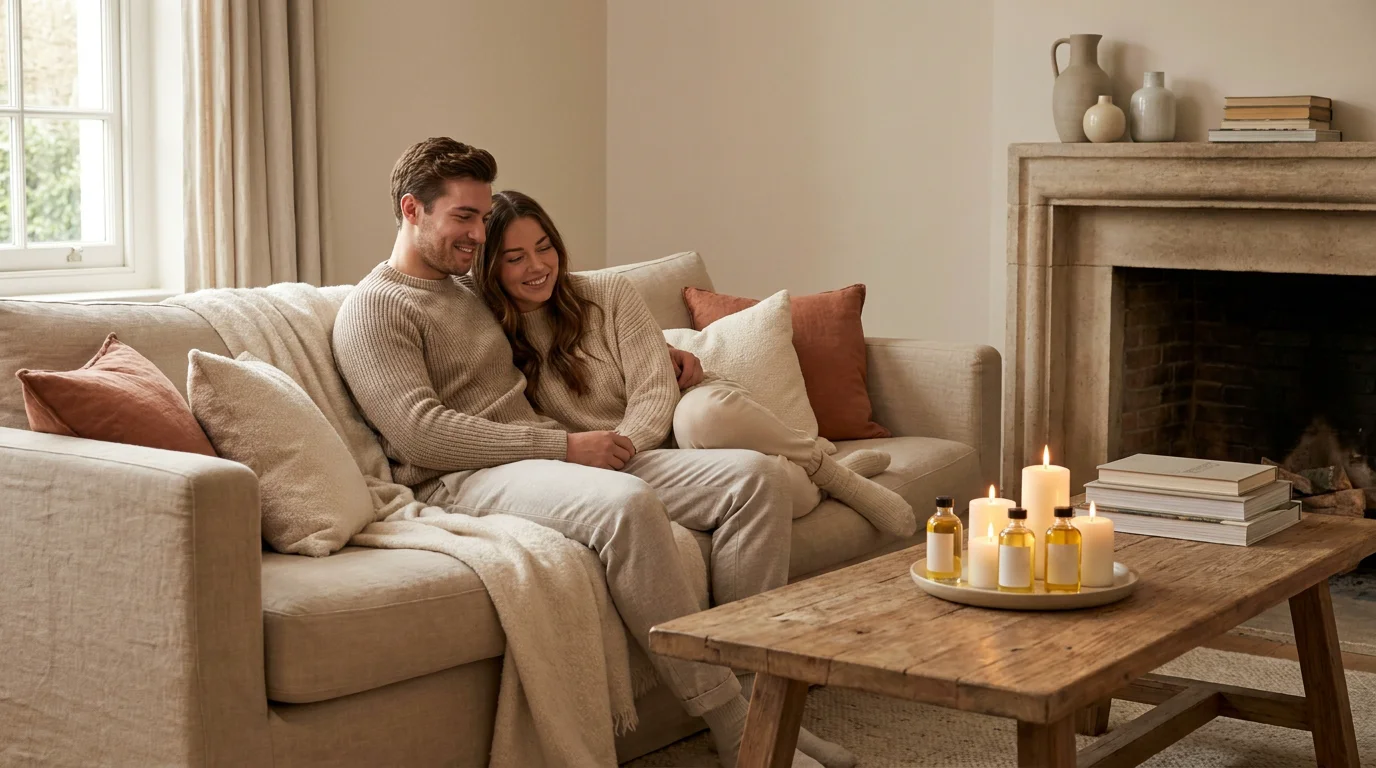 Couple européen se relaxant ensemble dans leur nouveau salon avec bougies et huiles de massage