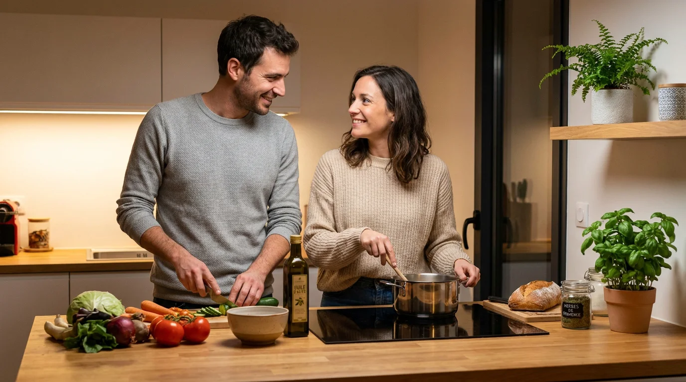 Couple européen cuisinant ensemble dans leur nouvelle cuisine chaleureuse