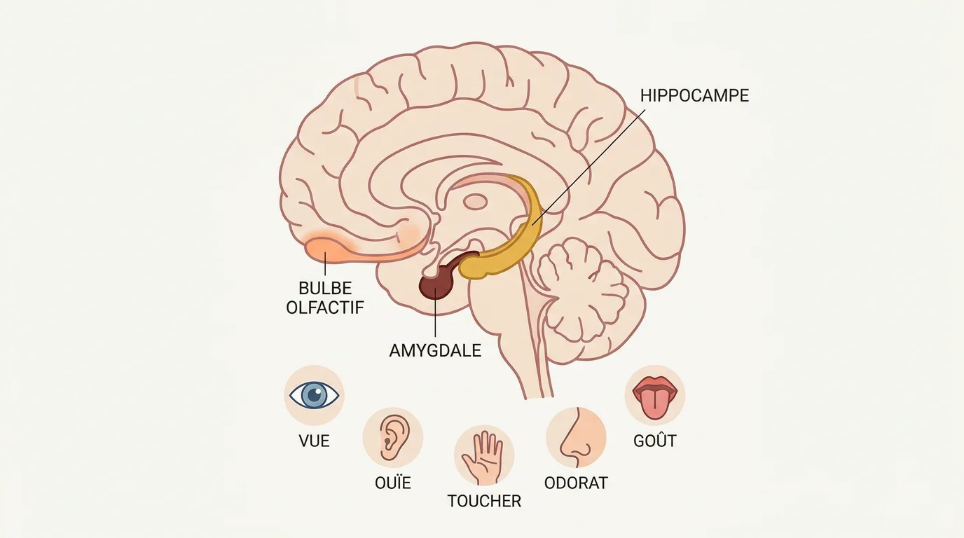 Schéma simplifié du cerveau illustrant la connexion directe entre le bulbe olfactif, l'amygdale et l'hippocampe