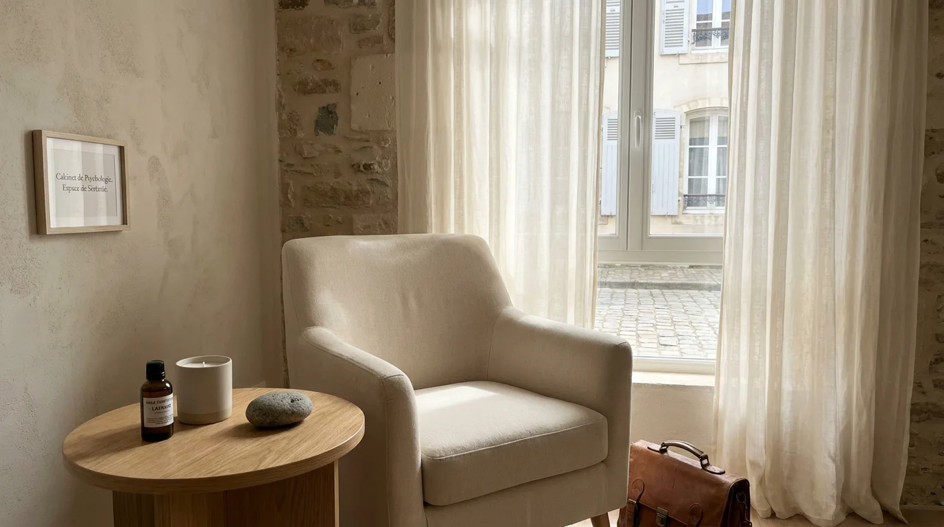 Cabinet thérapeutique avec flacon d'huile essentielle, pierre et bougie sur une table en bois, évoquant l'ancrage sensoriel