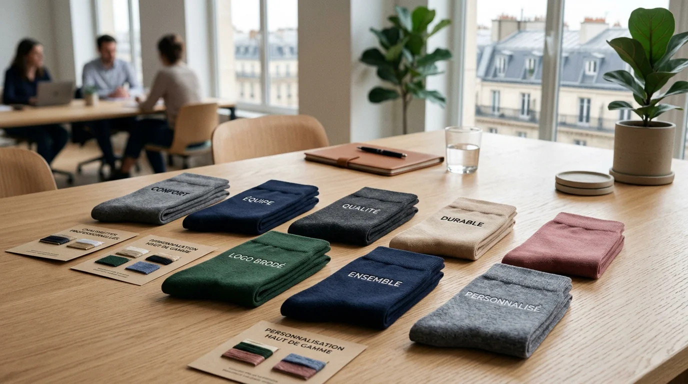Paires de chaussettes personnalisées présentées sur un bureau en bois clair