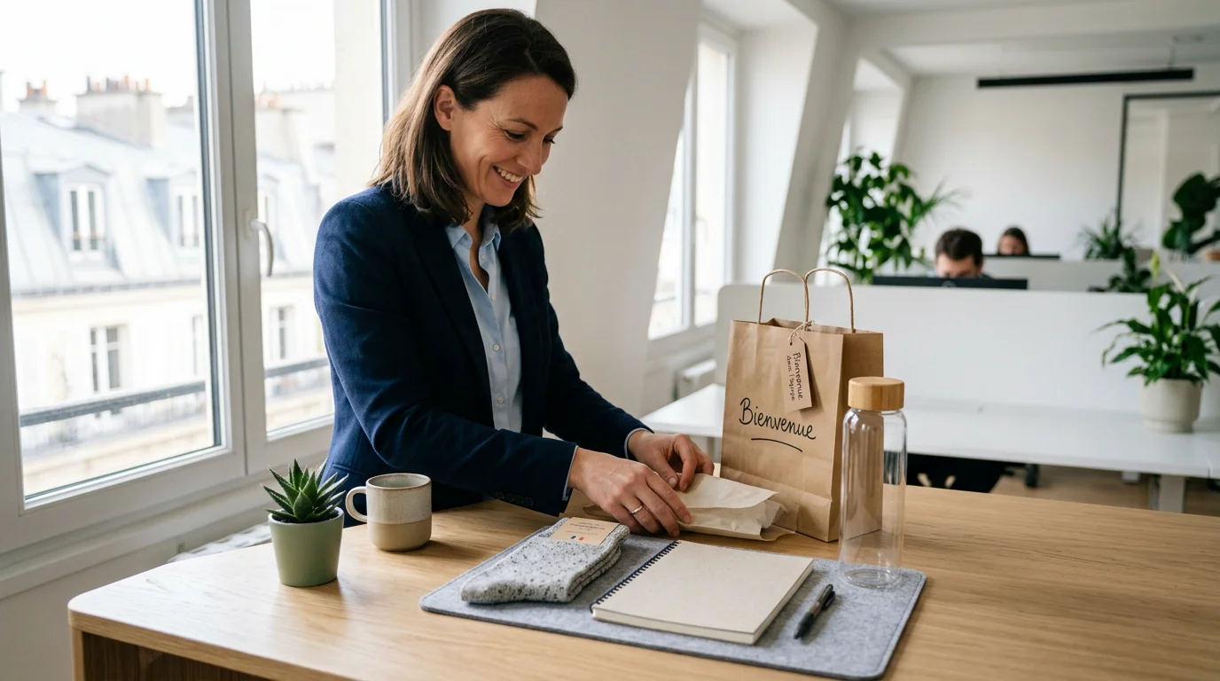 Welcome pack d'entreprise avec chaussettes en coton bio sur un bureau
