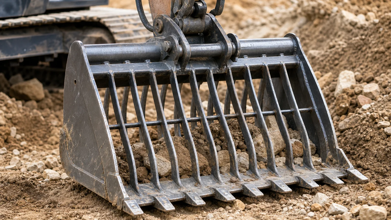 Godet squelette à barreaux monté sur mini-pelle sur un chantier