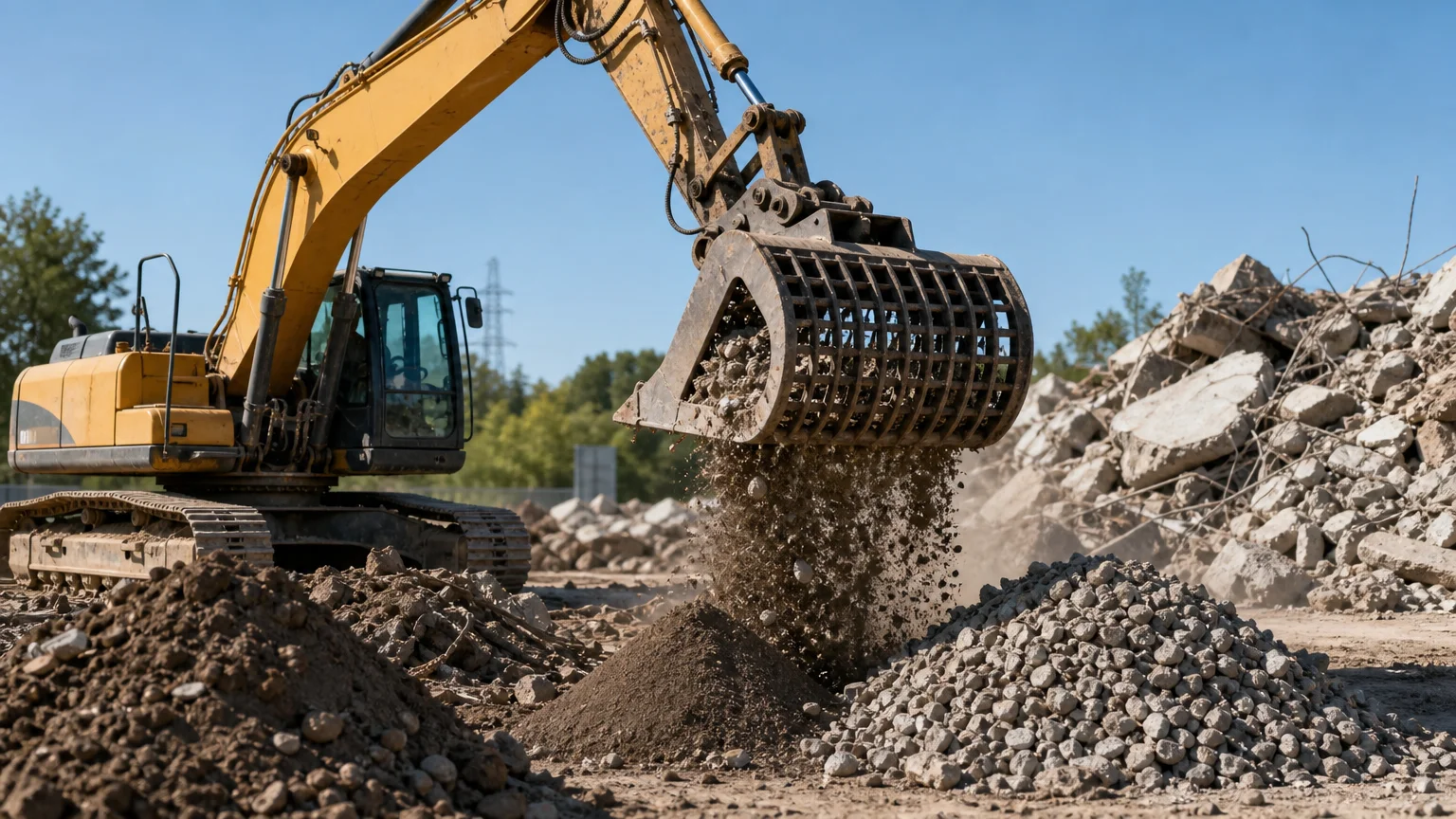 Pelle triant des gravats avec un godet grille sur un chantier de travaux publics