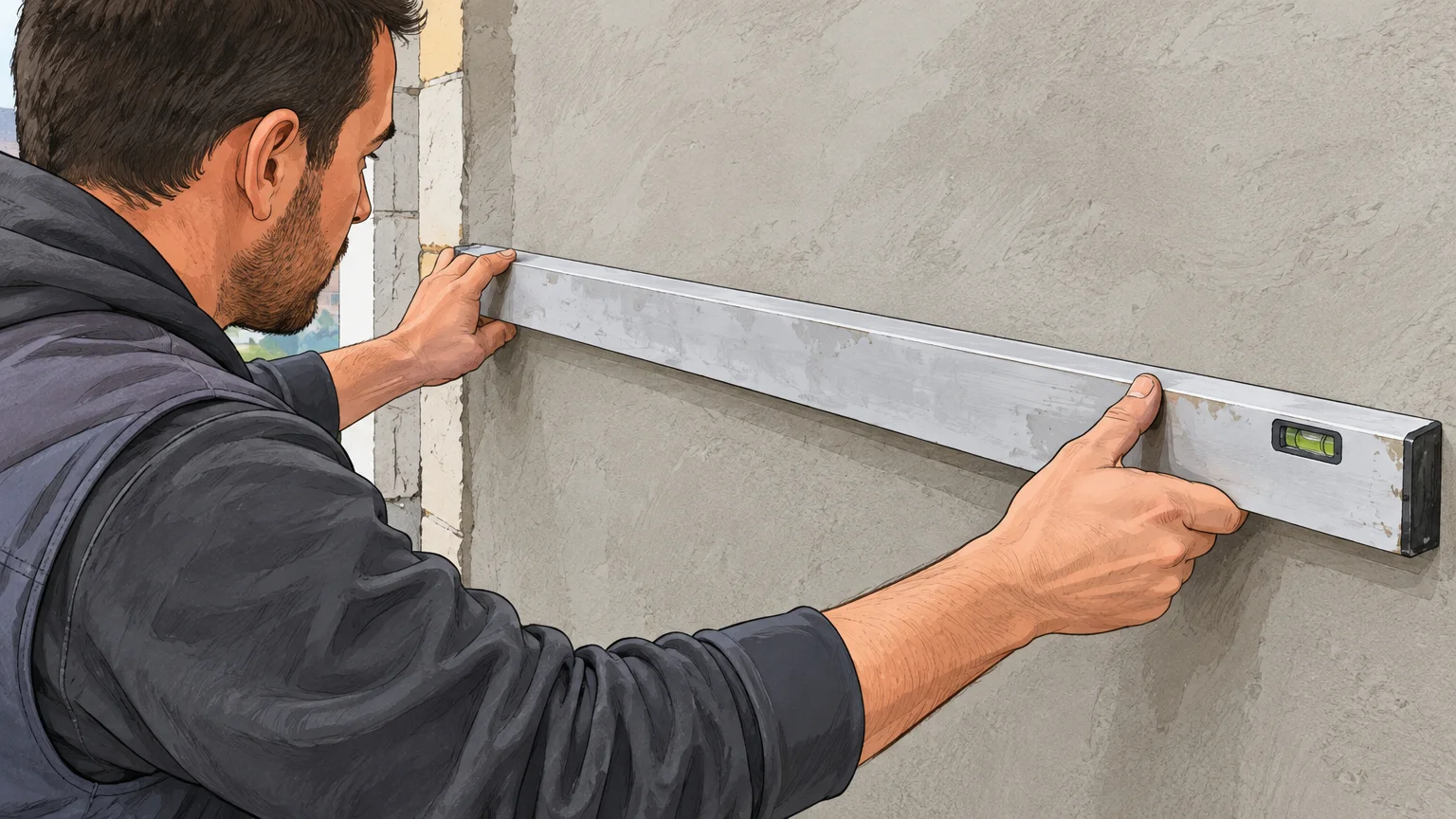 Vérification de la planéité d’un mur avant l’application du crépi