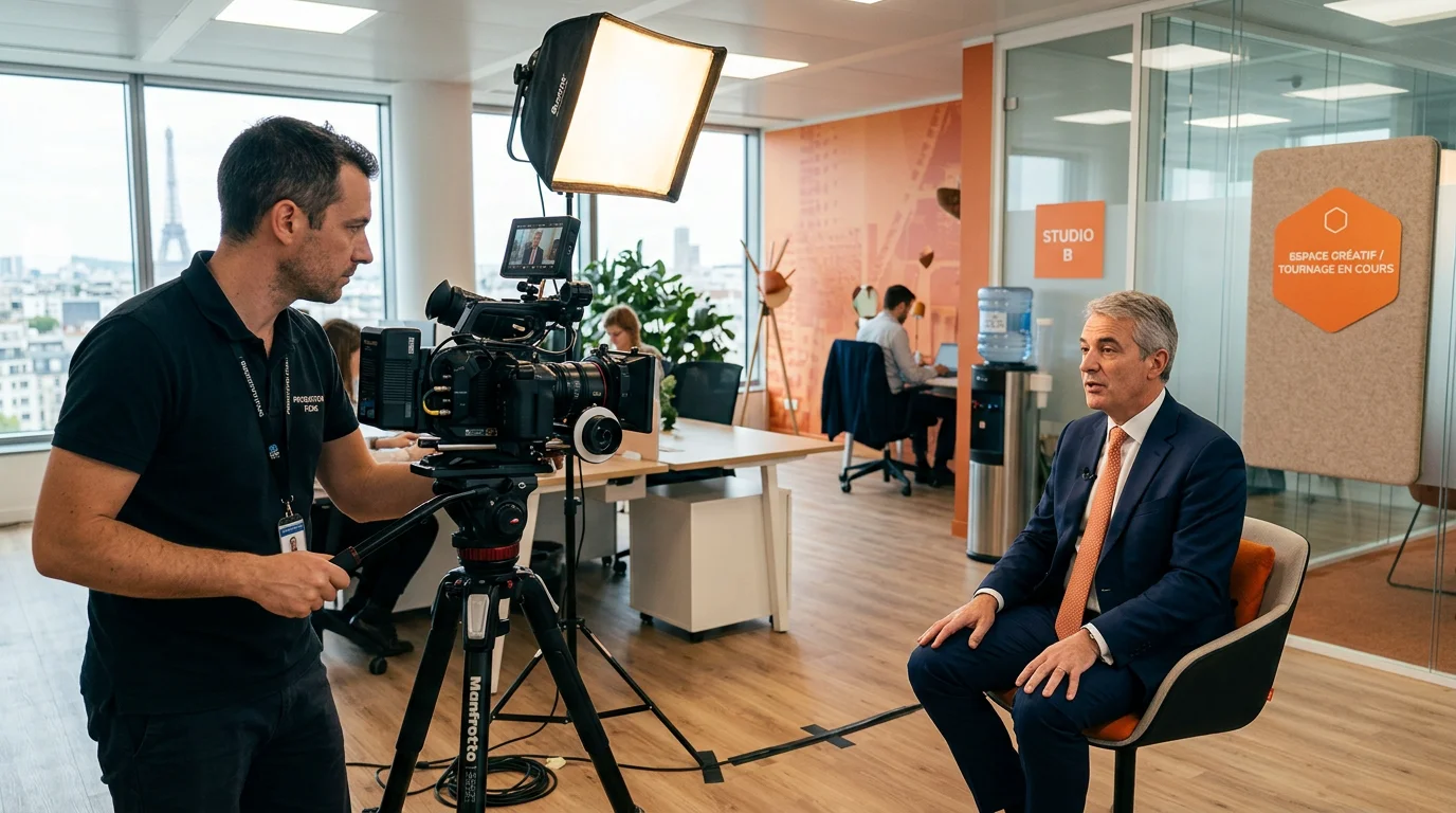 Tournage d'une vidéo d'entreprise avec caméra et éclairage professionnel