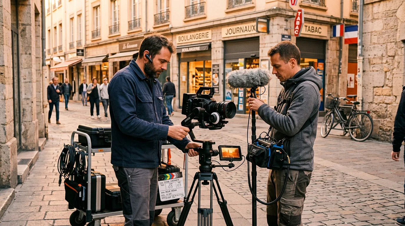 Équipe technique préparant un tournage vidéo en extérieur