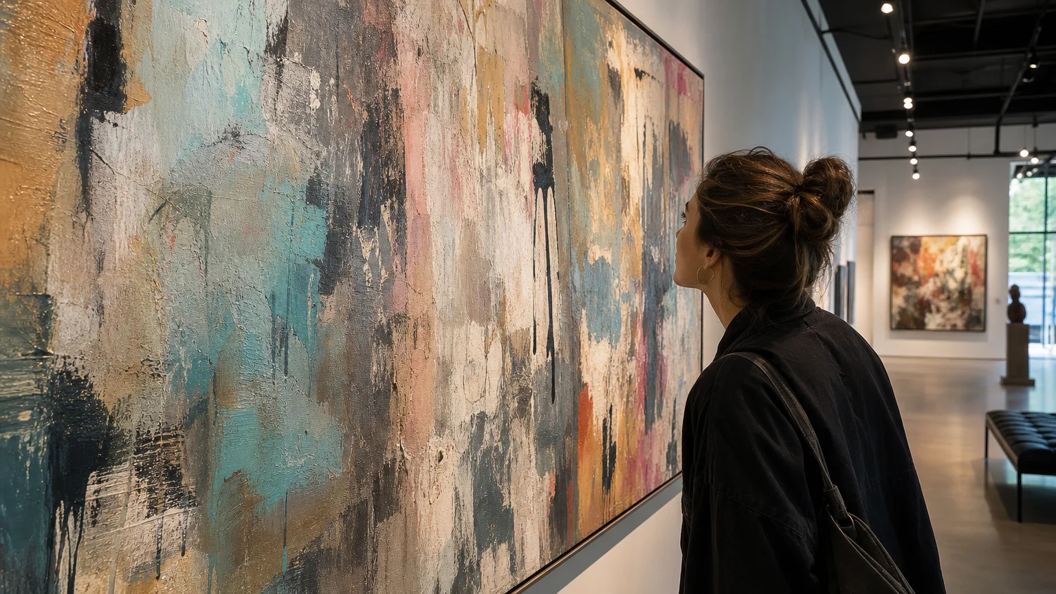 Visitor examining the texture and scale of an original painting in an art gallery