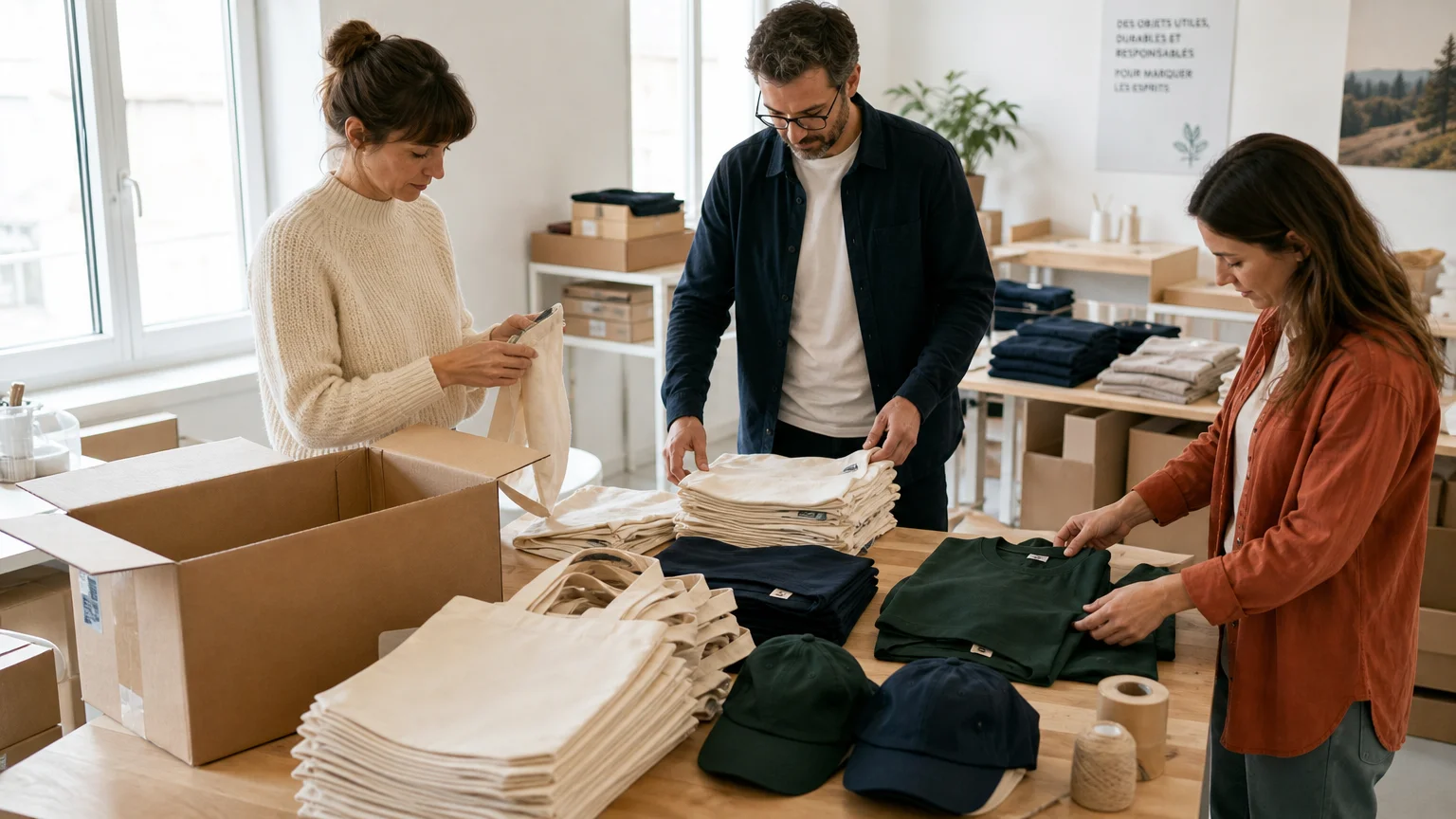 Équipe européenne préparant des textiles publicitaires responsables pour une distribution professionnelle