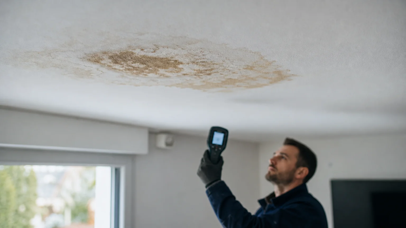 Tache d'humidité au plafond révélant une fuite d'eau à détecter