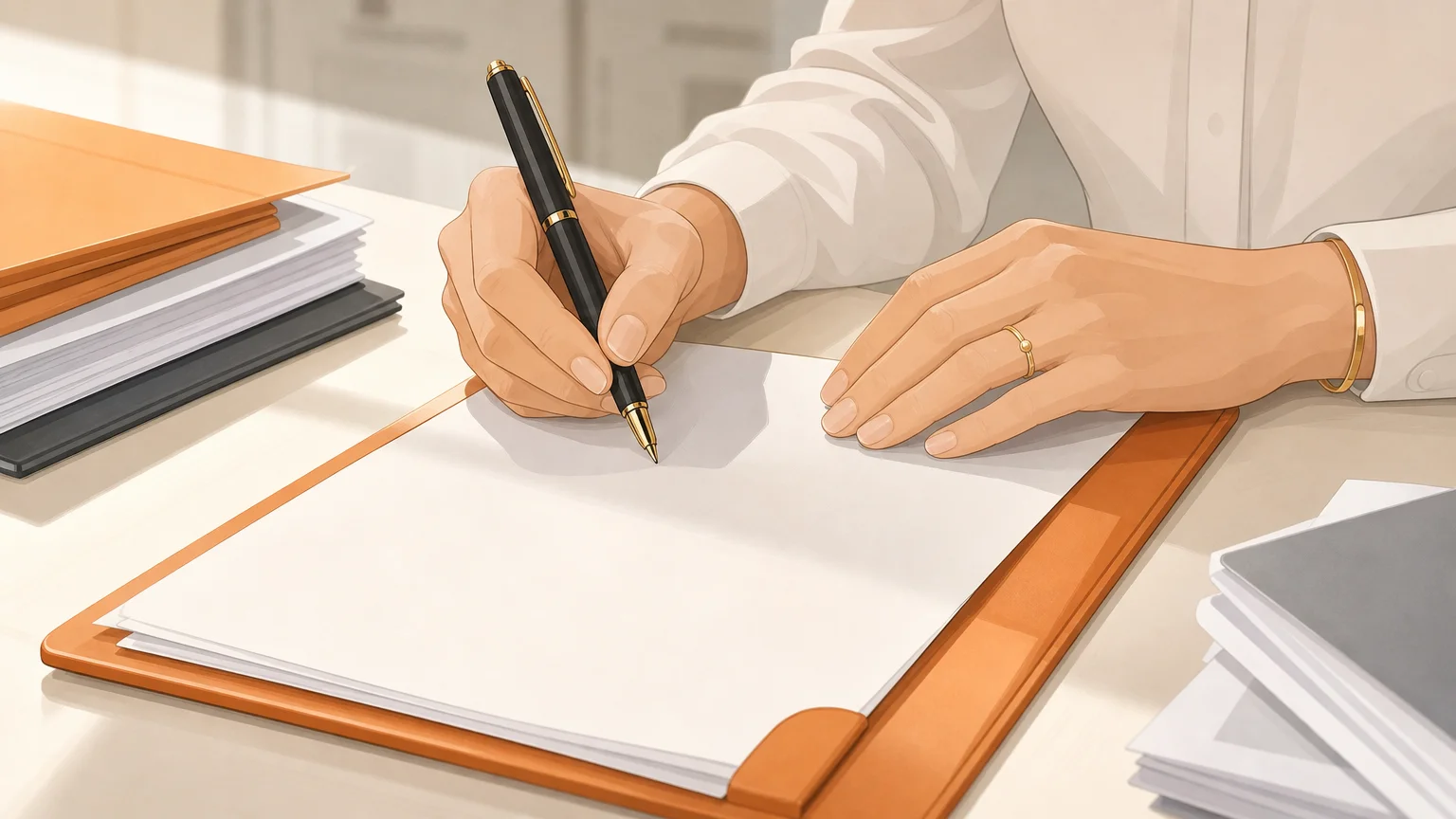 Gros plan sur des mains signant un document juridique dans un bureau aux tons blancs et orange.