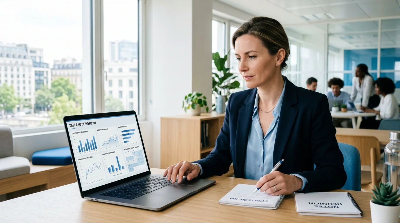 Responsable RH européenne consultant un tableau de bord de logiciel SIRH