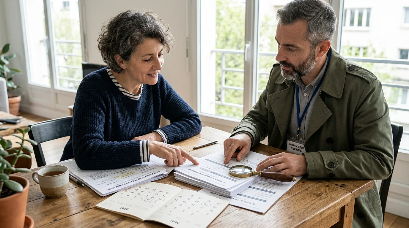 Propriétaire vérifiant les dates de validité de ses diagnostics immobiliers avec un diagnostiqueur