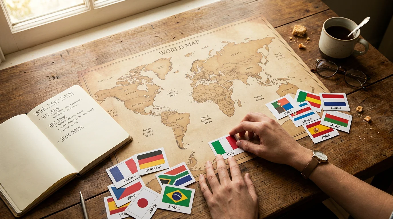 Desk with world map and scattered country flag cards for studying