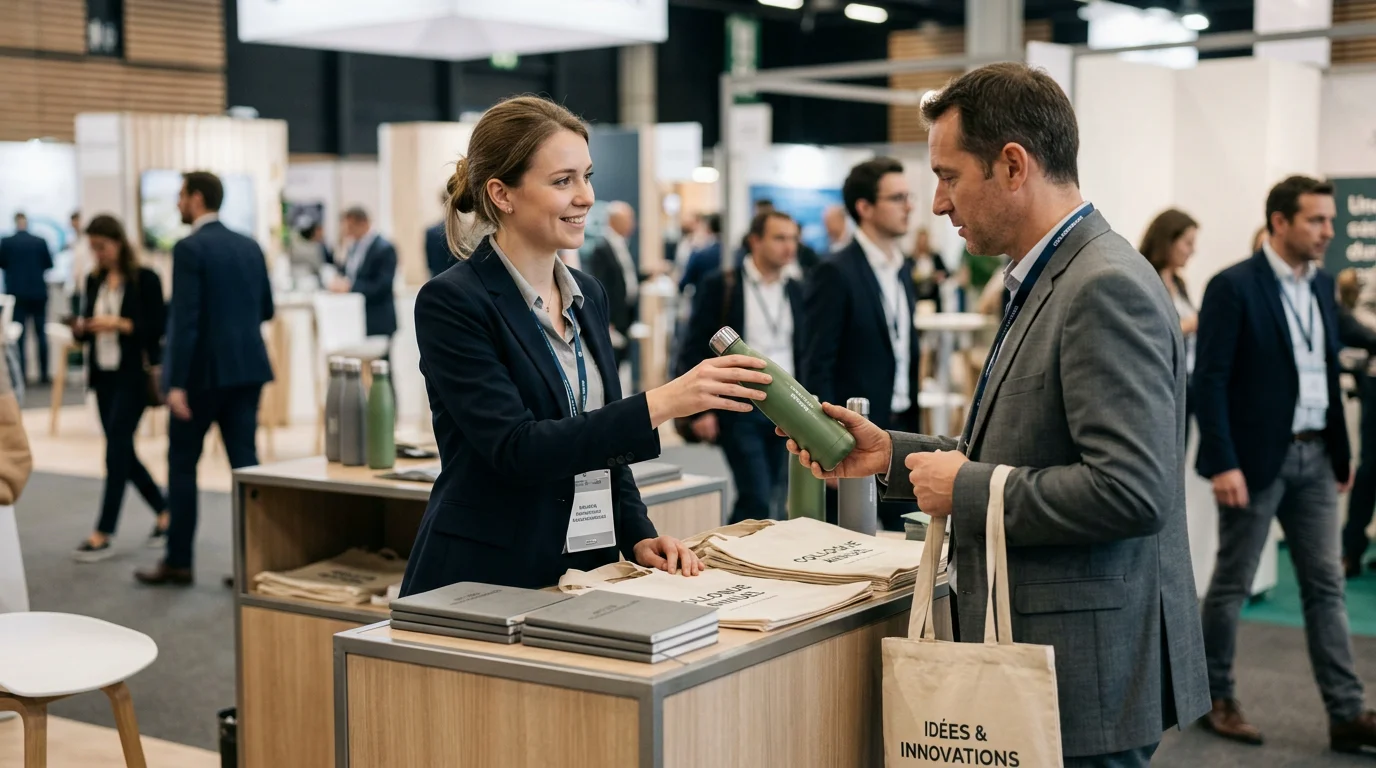 Distribution de gadgets publicitaires personnalisés sur un stand de salon en France