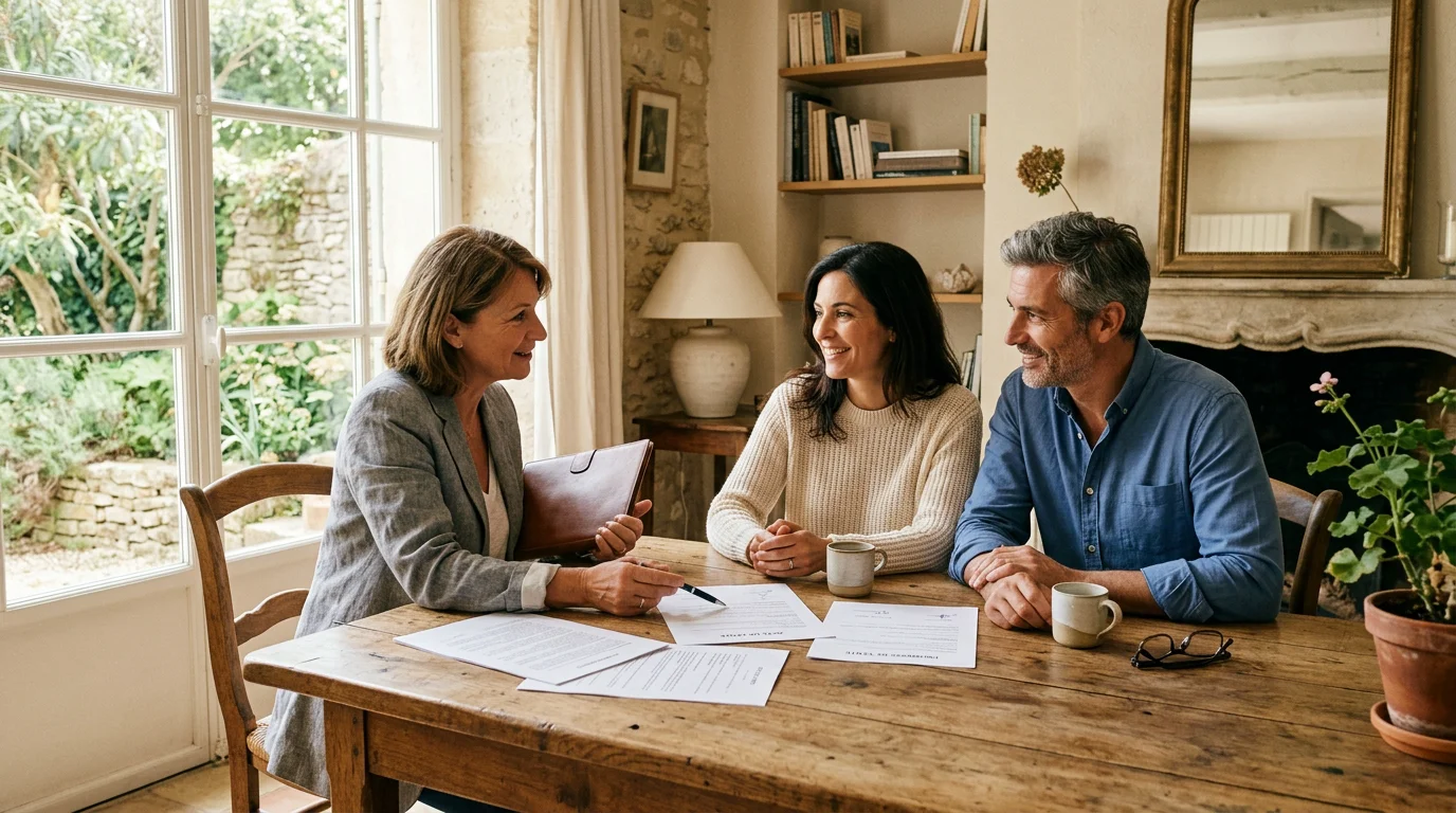 Propriétaires consultant leurs documents de diagnostic immobilier avec un conseiller