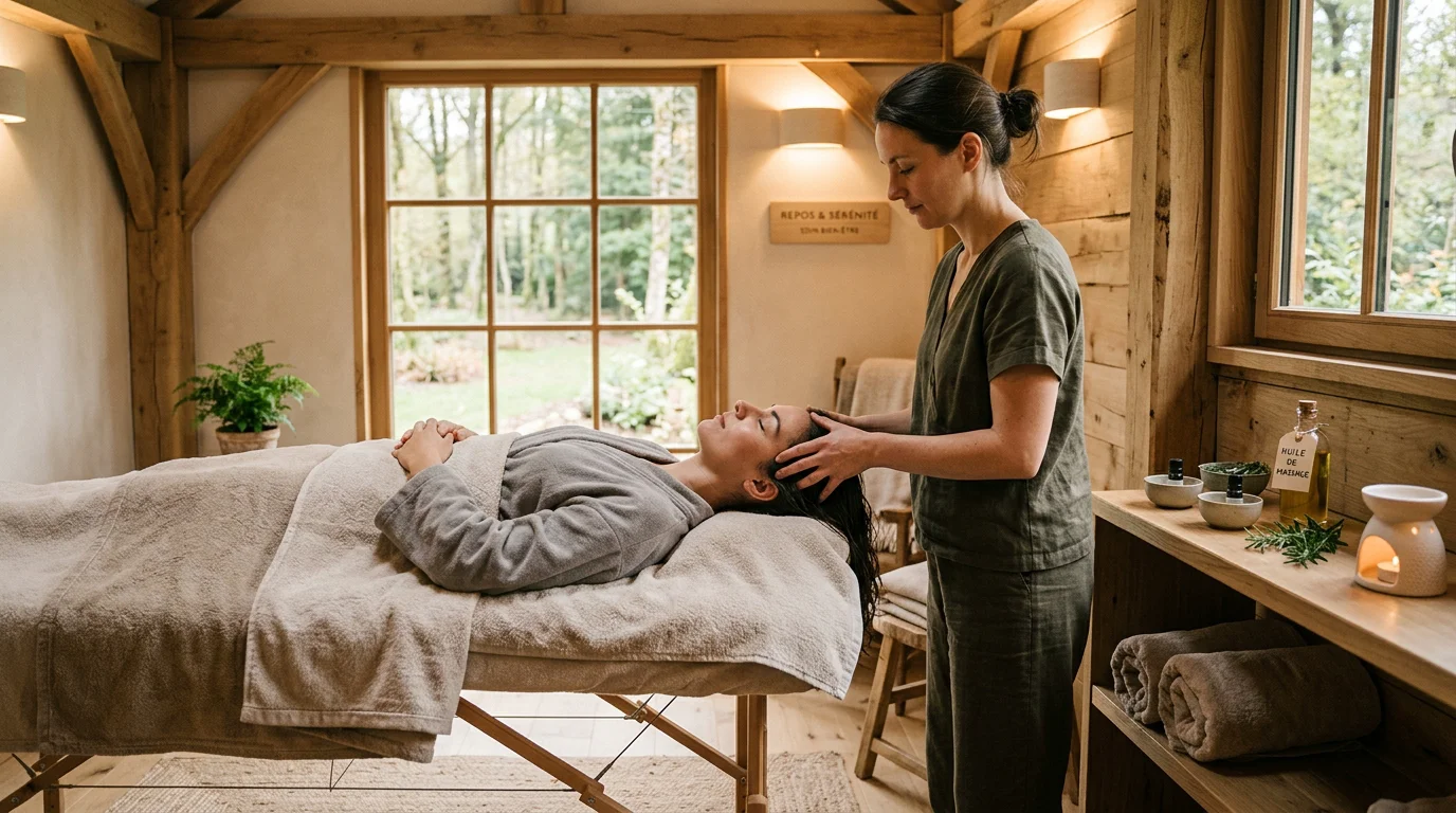 Praticienne réalisant un massage du cuir chevelu lors d'une séance de head spa