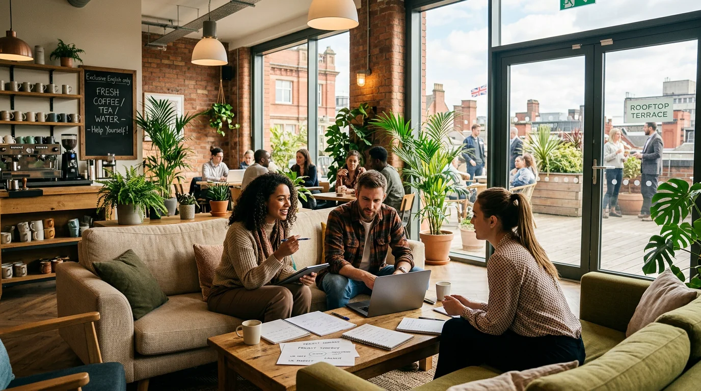 Professionals working together in a flexible coworking lounge with amenities