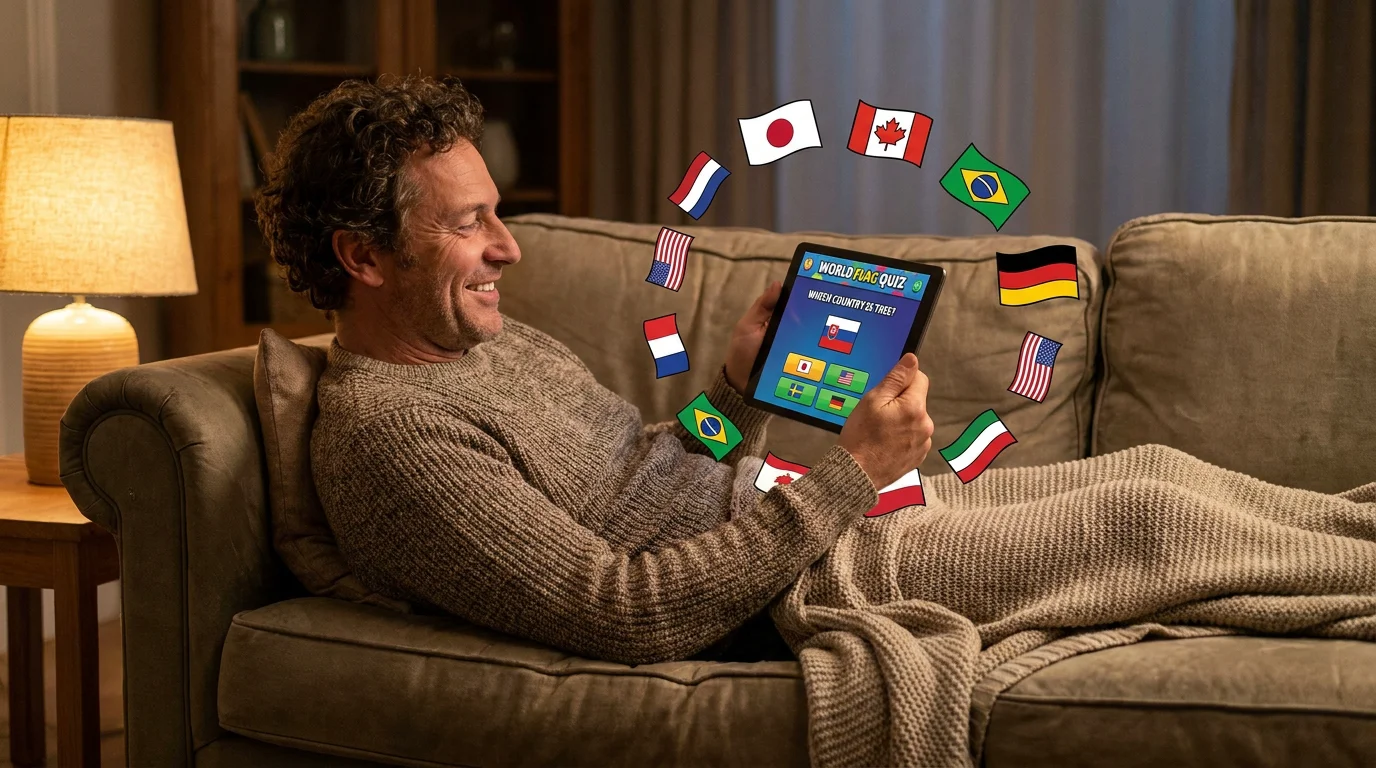 Person enjoying a country flag quiz on a tablet in a cozy living room