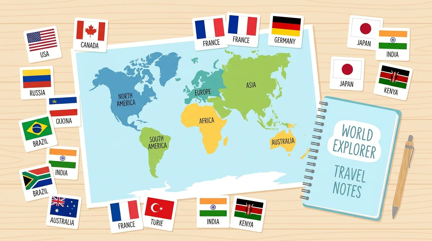 World map with scattered country flag cards for quiz study