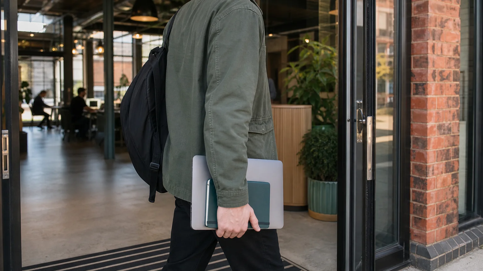 A person arriving at a shared Birmingham workspace with a laptop and notebook