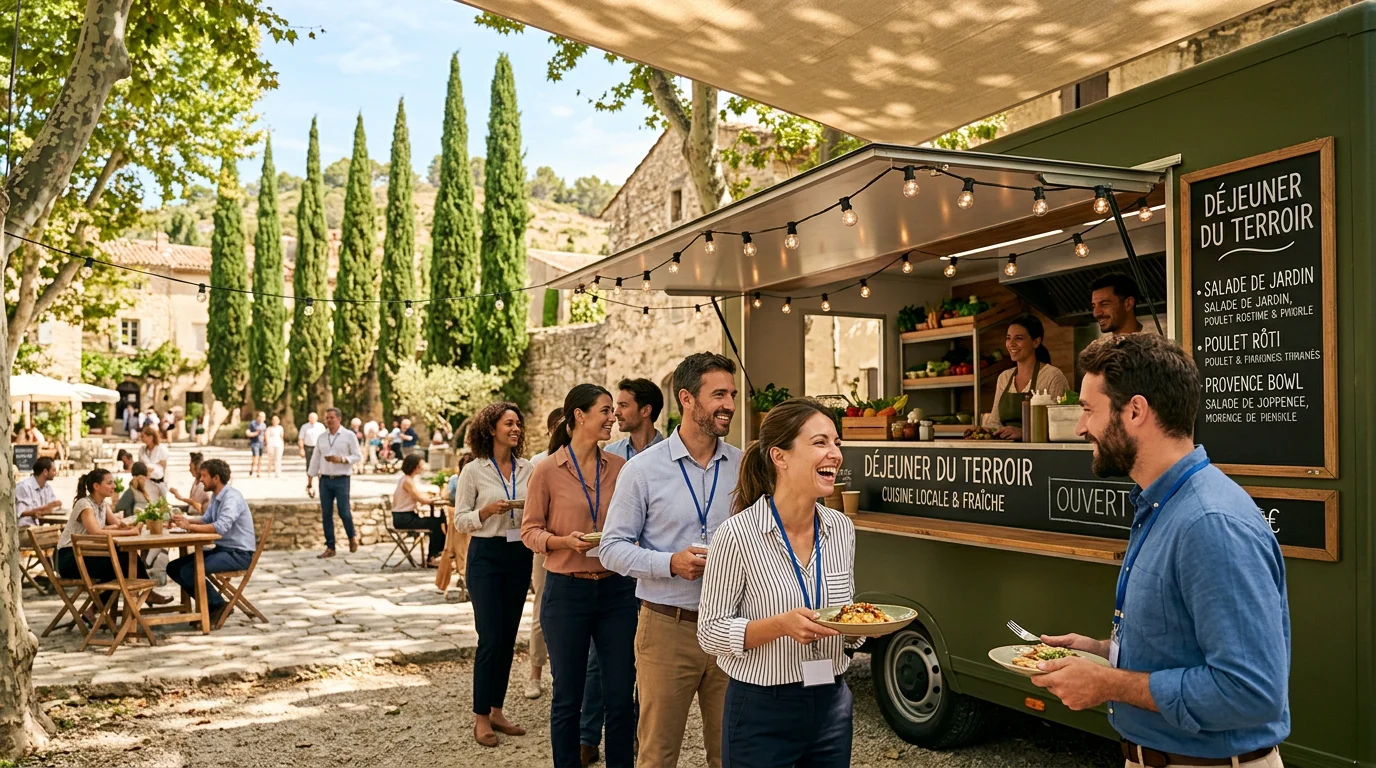 Food truck installé devant une entreprise en Provence pendant la pause déjeuner