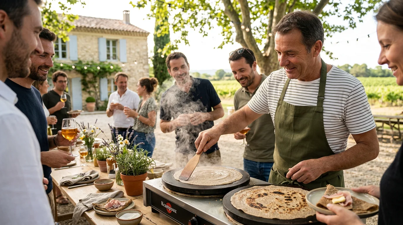 Préparation à la minute de galettes et crêpes devant les invités d'un événement d'entreprise