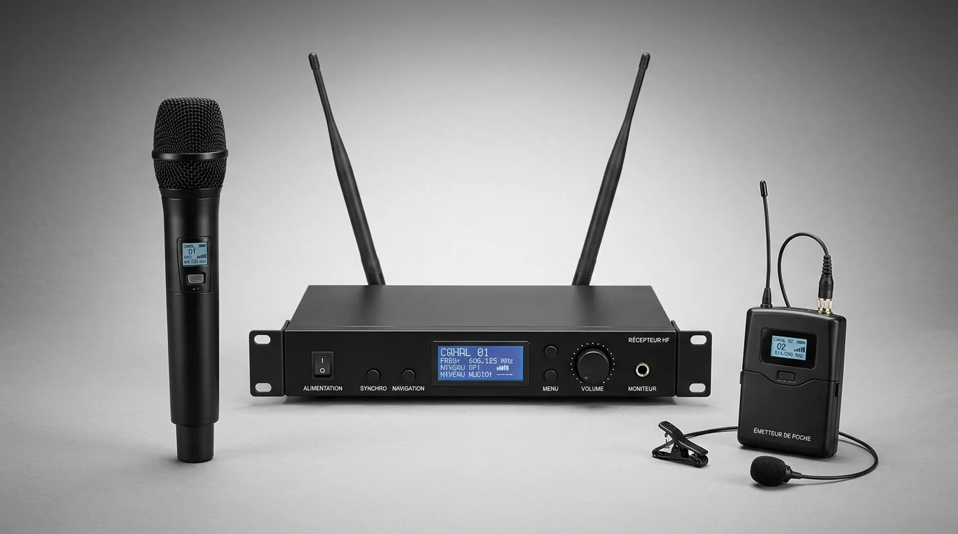 Système de micro HF professionnel avec émetteur main, cravate et récepteur