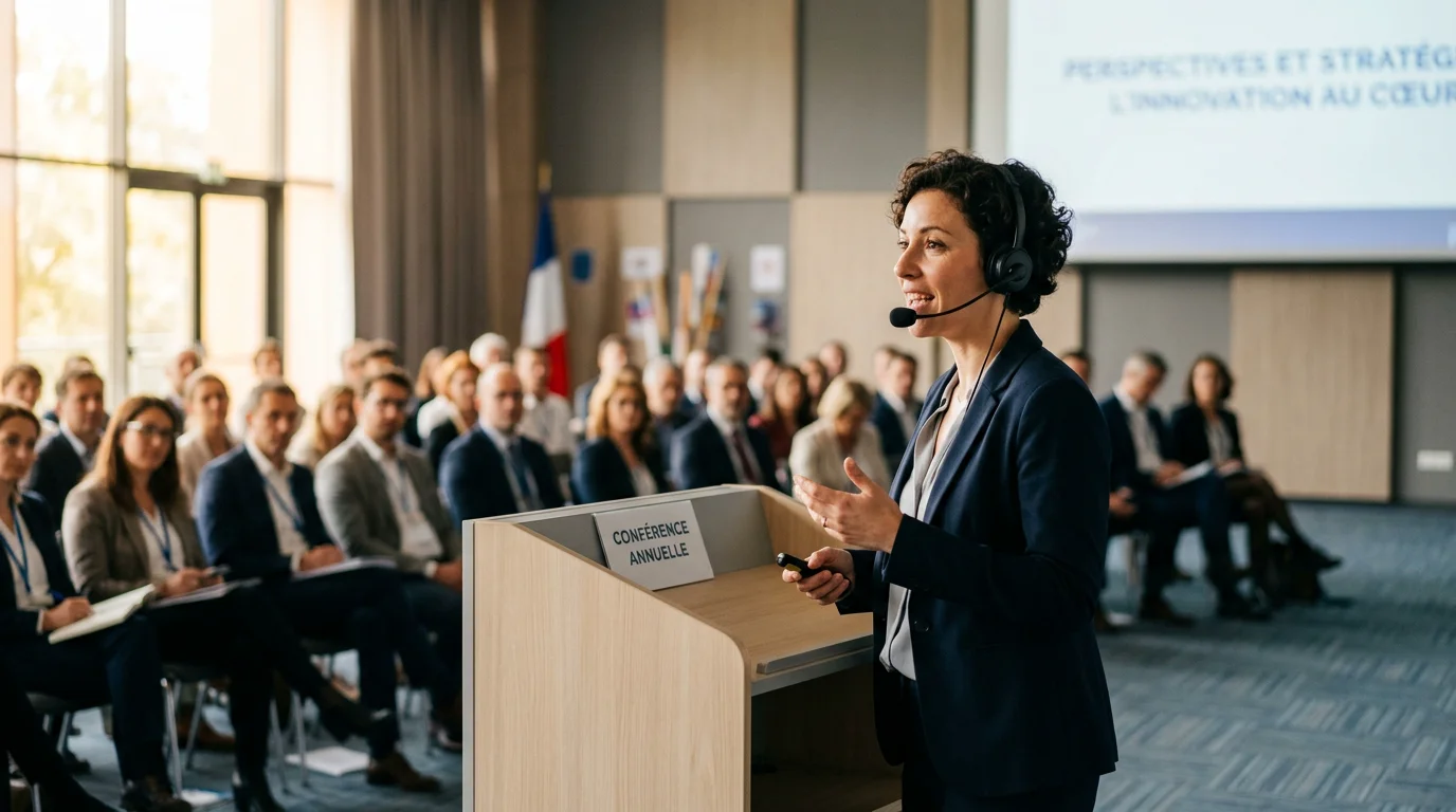 Oratrice équipée d'un micro HF serre-tête lors d'une conférence professionnelle