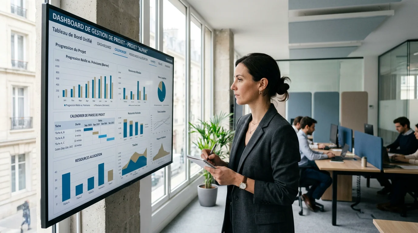 Chef de projet européen consultant un tableau de bord unifié dans un bureau moderne
