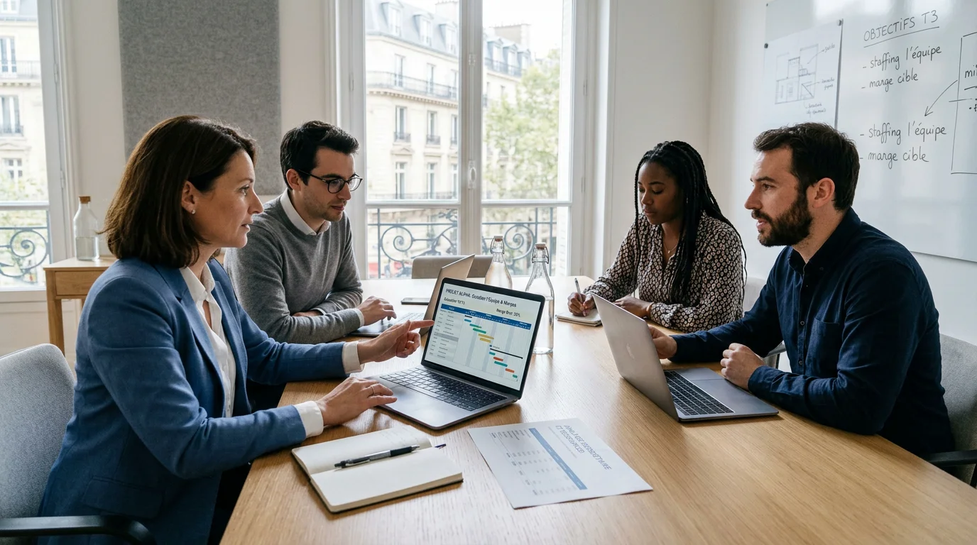 Équipe de conseil européenne collaborant autour du staffing et des marges de projet