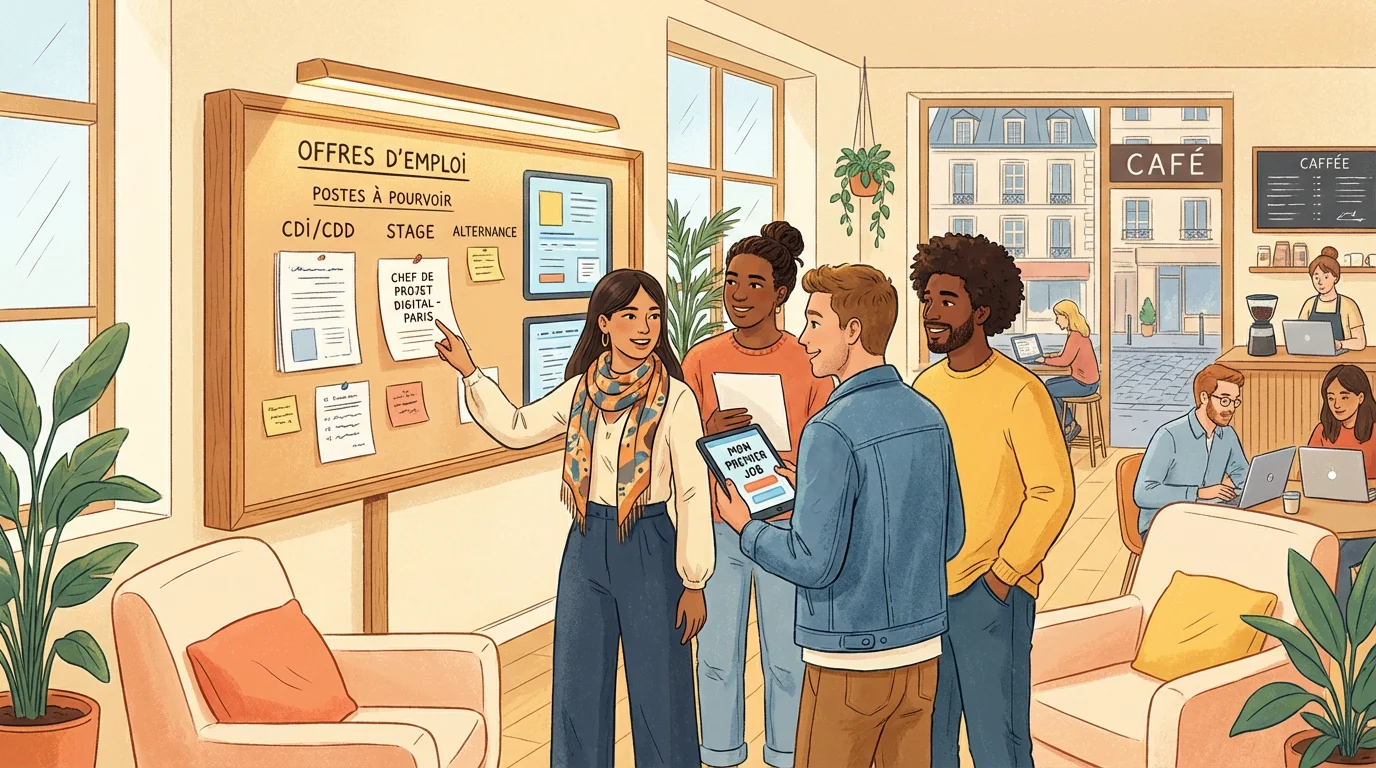 Jeunes diplômés consultant des offres d'emploi dans un espace de coworking en France