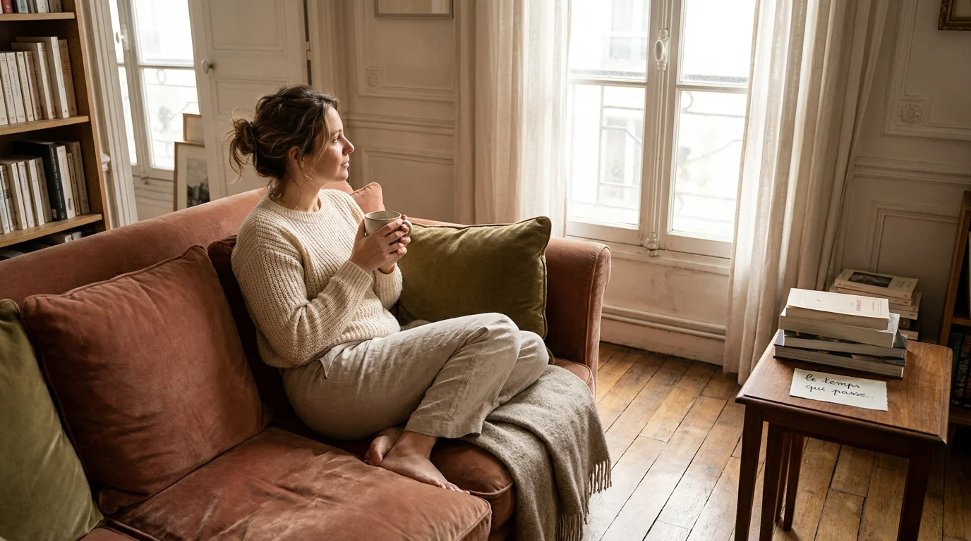 Femme pensive assise seule sur un canapé dans un intérieur chaleureux