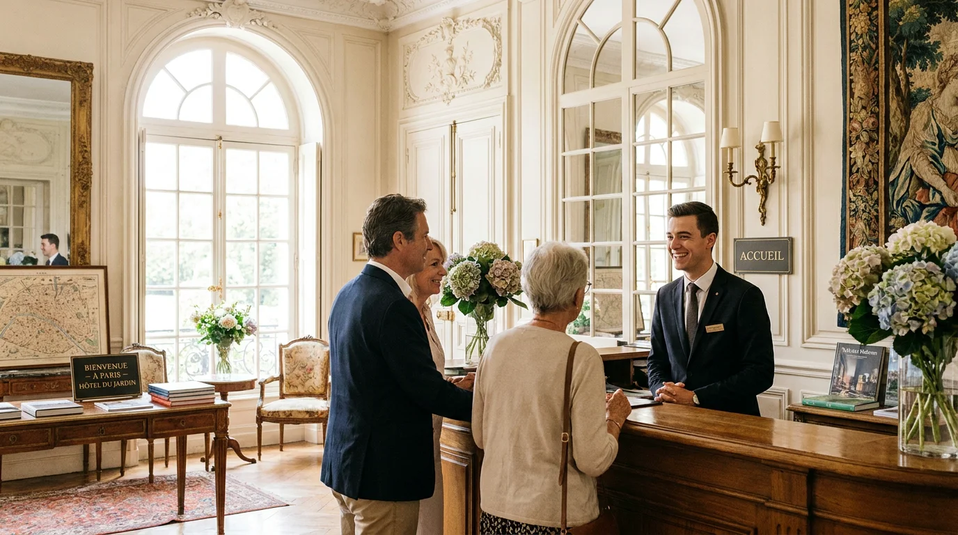 Étudiant en alternance tourisme accueillant des clients à la réception d'un hôtel en France
