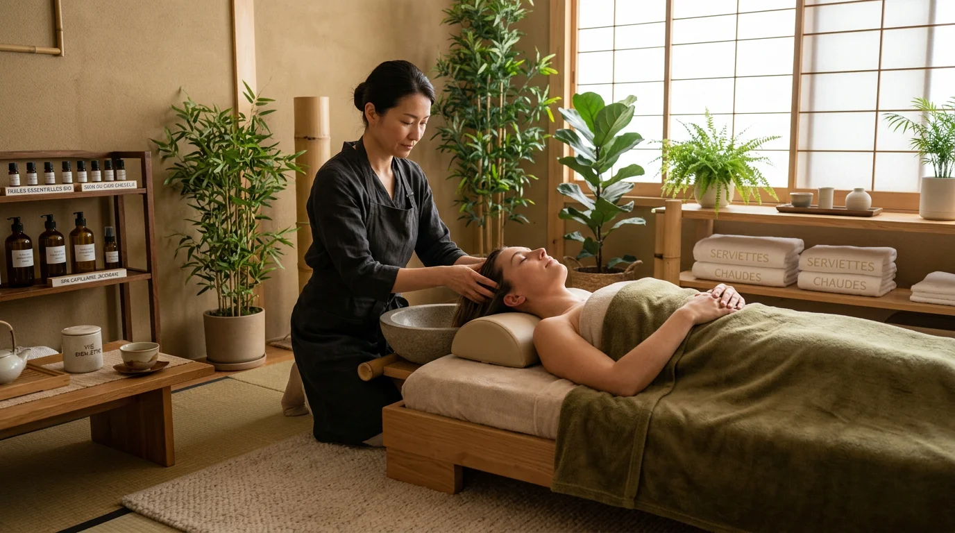 Formation au Head Spa japonais dans un centre spécialisé, praticienne et cliente en soin du cuir chevelu