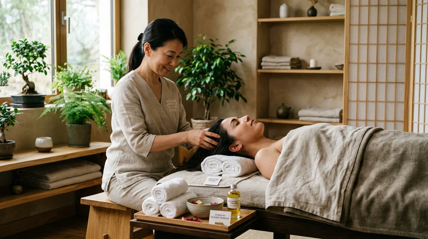 Praticienne réalisant un soin Head Spa japonais sur le cuir chevelu d'une cliente détendue