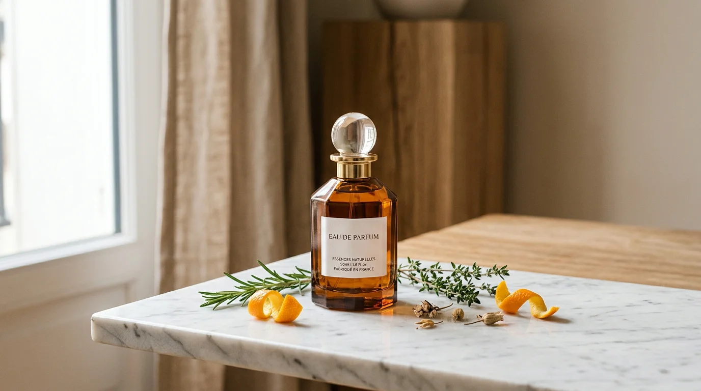 Flacon de parfum ambré posé sur du marbre avec agrumes et herbes fraîches