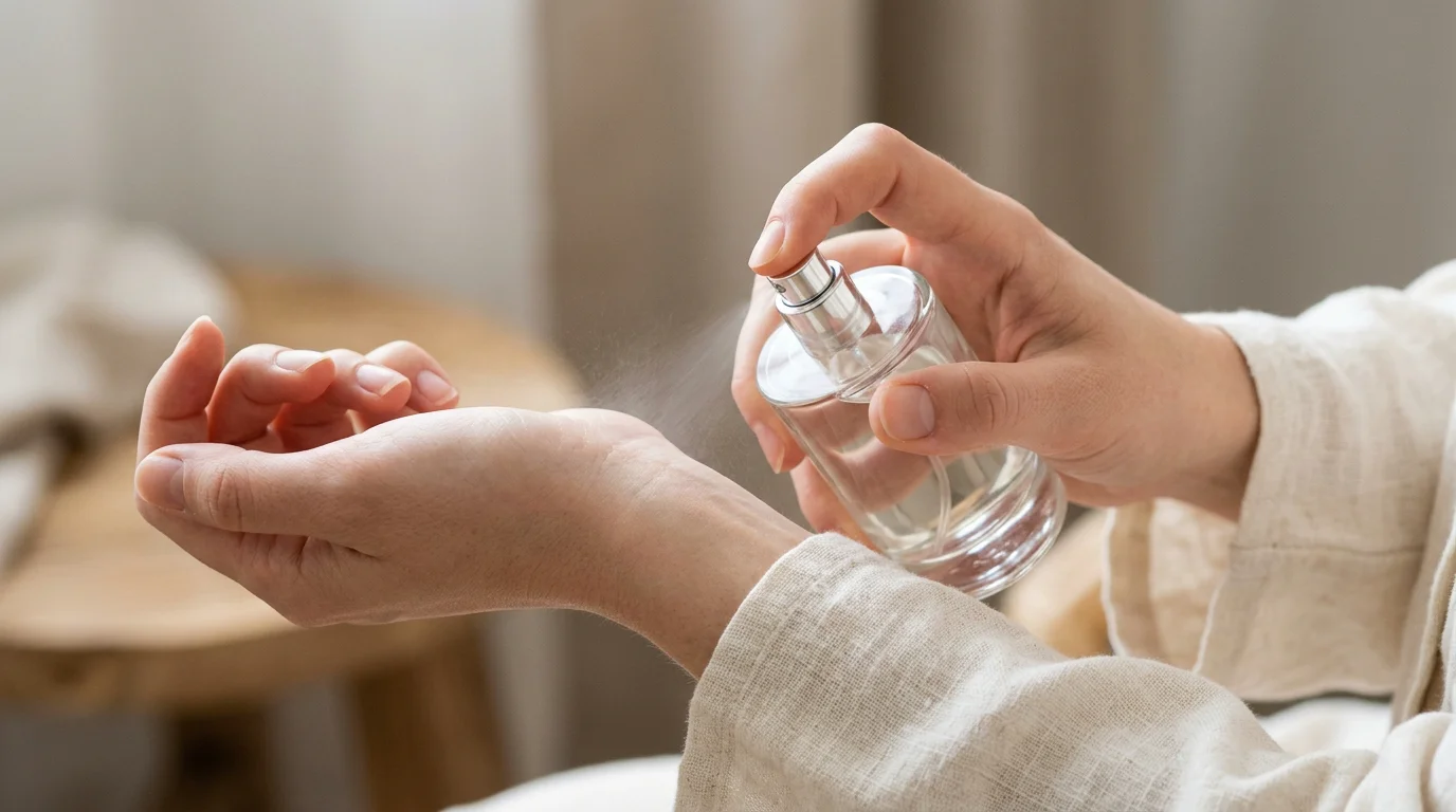 Personne vaporisant un parfum sur son poignet en lumière douce