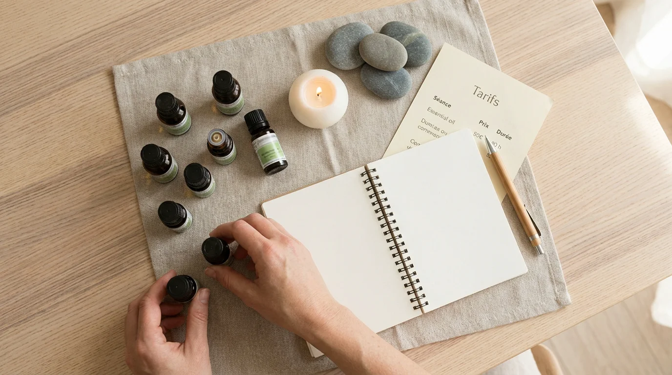 Vue à plat d'un bureau de thérapeute holistique avec huiles essentielles, bougies et grille tarifaire en français
