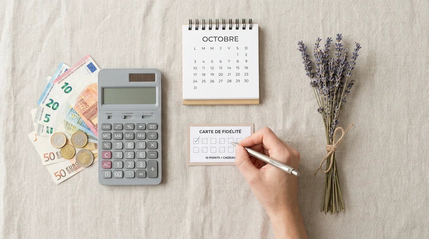 Vue à plat d'outils de tarification pour thérapeute holistique avec calculatrice, euros et carte de fidélité