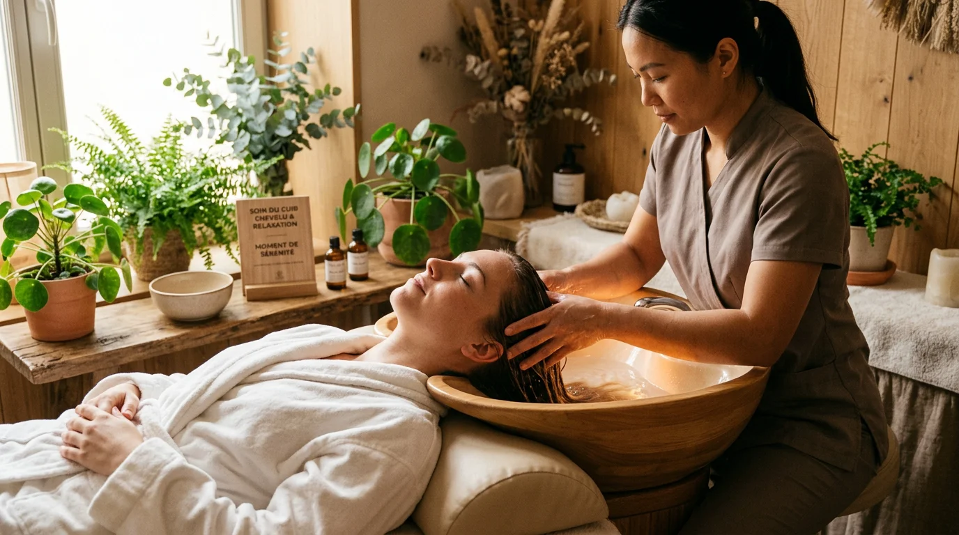 Femme profitant d'un soin head spa relaxant en institut