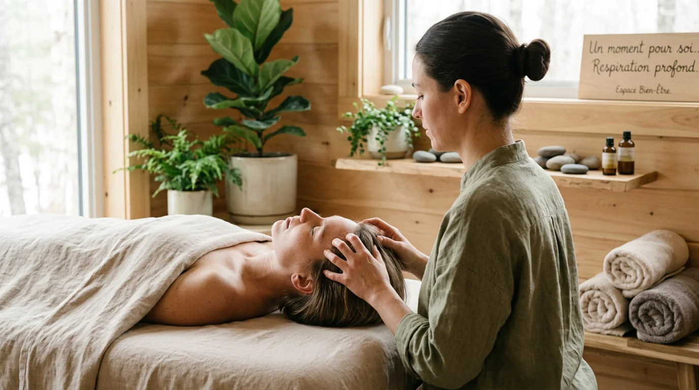 Praticienne réalisant un massage du cuir chevelu lors d'un soin head spa